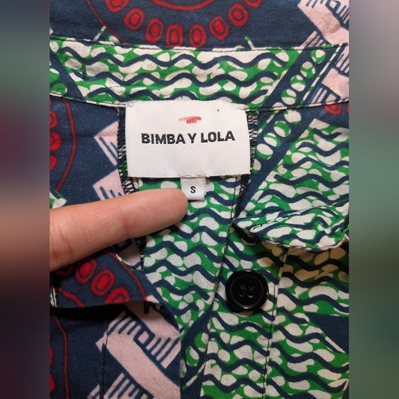 Bimba Y Lola Green Patterned Cotton Short Sleeve Button-Up Shirt Dress Artsy - Picture 11 of 12